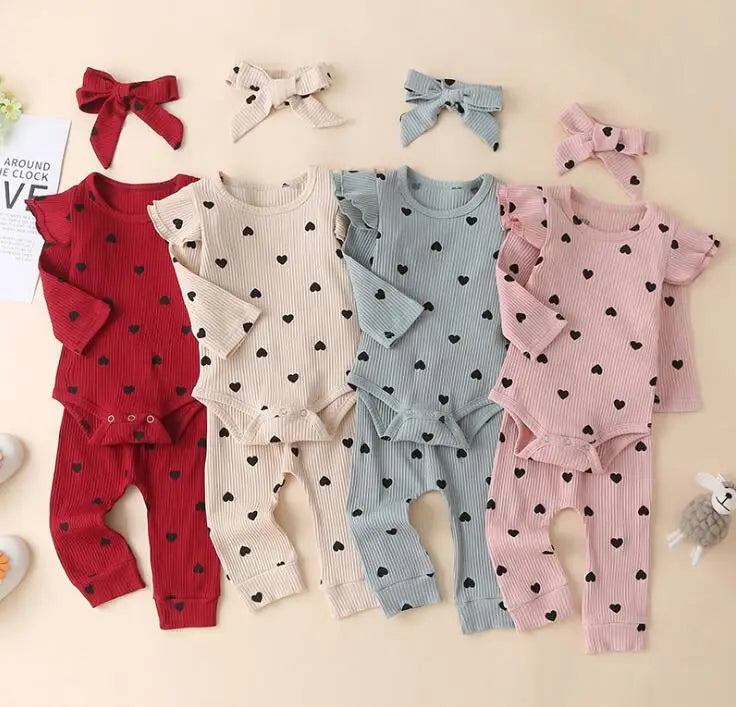 Baby Ribbed Clohtes Suit Girl Boy Heart Print Crew