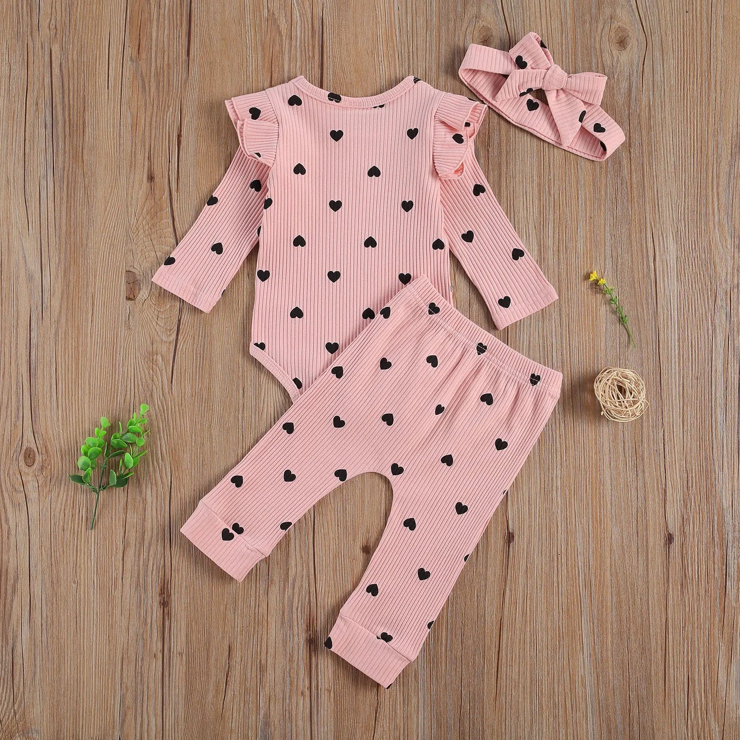 Baby Ribbed Clohtes Suit Girl Boy Heart Print Crew