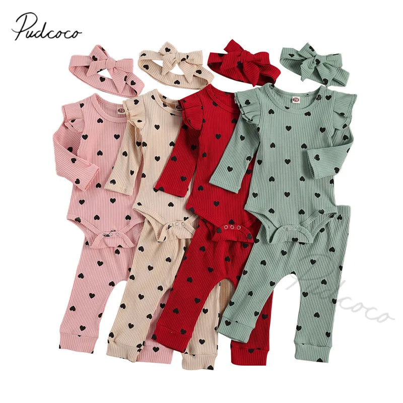 Baby Ribbed Clohtes Suit Girl Boy Heart Print Crew