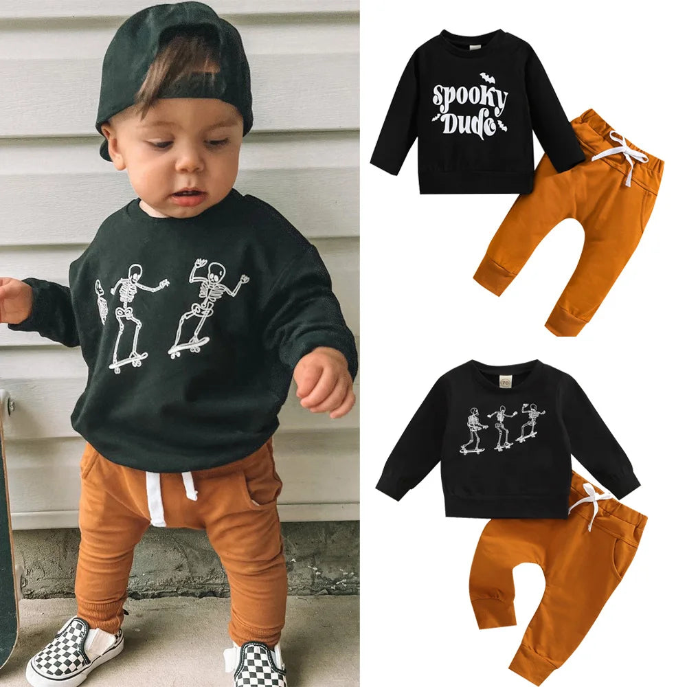 Halloween Autumn Casual Toddler Kids Boys Clothes Sets Letters/Skeleton