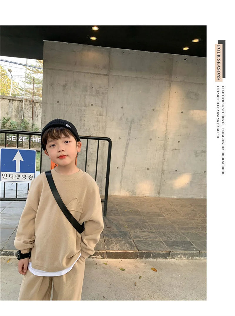 Boys Casual Spring Sets Children Fashion Clothes Suits Kids Solid Colour Sweatshirts+Pants 2Pcs