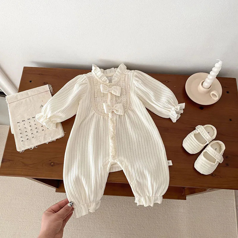 Baby Girl Romper with Bow Casual Soft Long Sleeve Solid Kids Baby