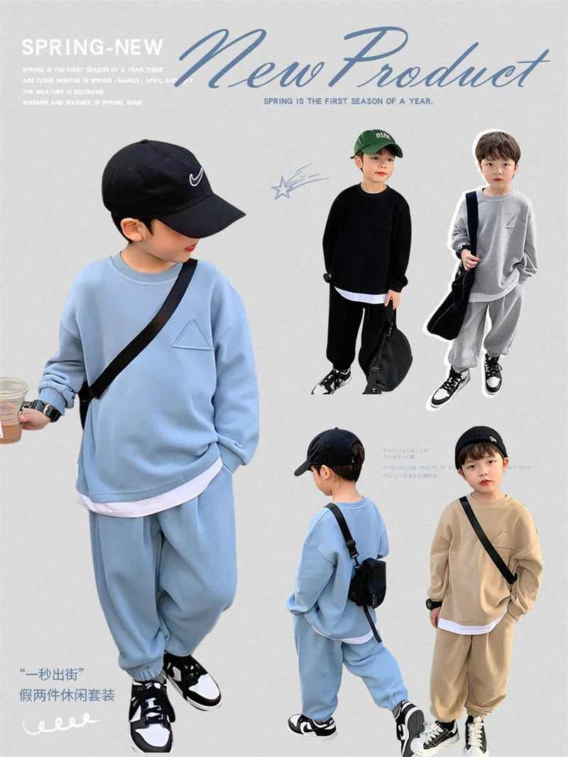Boys Casual Spring Sets Children Fashion Clothes Suits Kids Solid Colour Sweatshirts+Pants 2Pcs