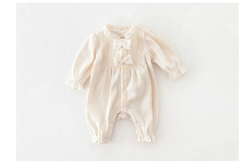 Baby Girl Romper with Bow Casual Soft Long Sleeve Solid Kids Baby